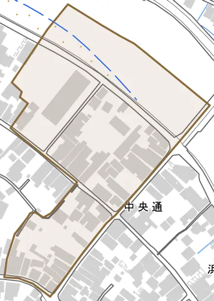 中央通とその周辺の地図。町の範囲を重ねている