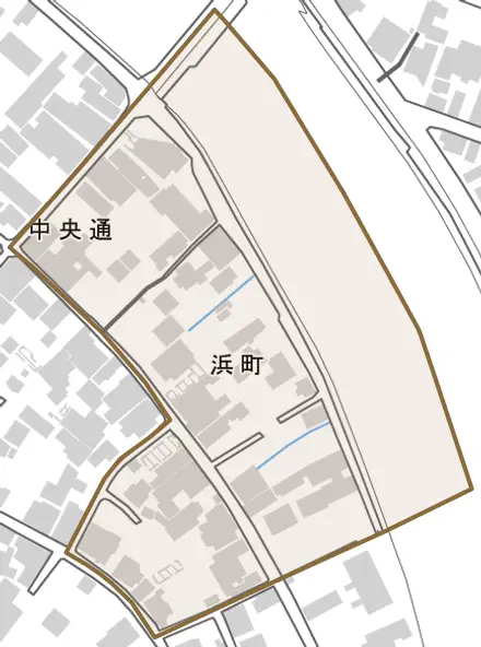 浜町とその周辺の地図。町の範囲を重ねている