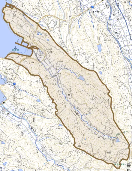 羽根とその周辺の地図。町の範囲を重ねている