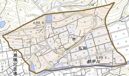 払田とその周辺の地図。町の範囲を重ねている