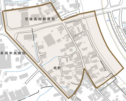 本町とその周辺の地図。町の範囲を重ねている