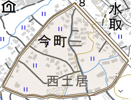 今町とその周辺の地図。町の範囲を重ねている
