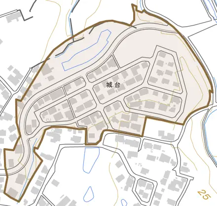 城台とその周辺の地図。町の範囲を重ねている