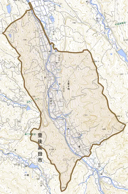 上香々地とその周辺の地図。町の範囲を重ねている