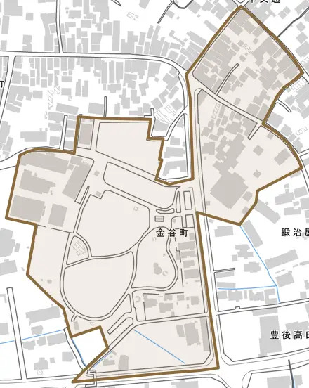 金谷町とその周辺の地図。町の範囲を重ねている