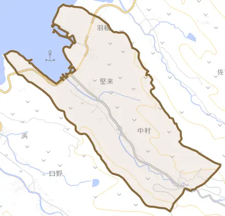 堅来とその周辺の地図。町の範囲を重ねている