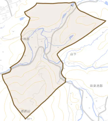 小田原とその周辺の地図。町の範囲を重ねている