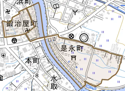 是永町とその周辺の地図。町の範囲を重ねている