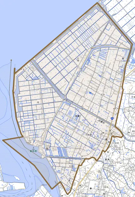 呉崎とその周辺の地図。町の範囲を重ねている