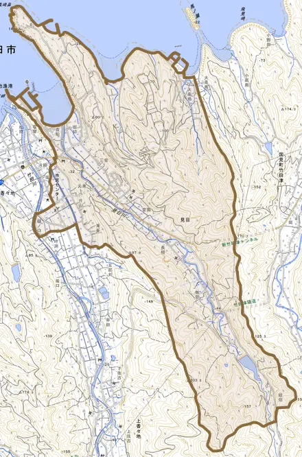 見目とその周辺の地図。町の範囲を重ねている