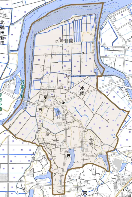 水崎とその周辺の地図。町の範囲を重ねている