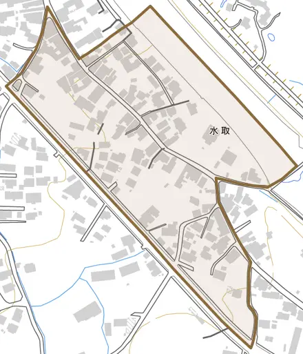 水取とその周辺の地図。町の範囲を重ねている