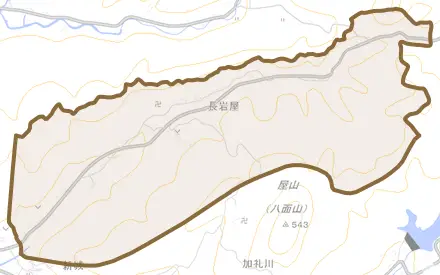 長岩屋とその周辺の地図。町の範囲を重ねている