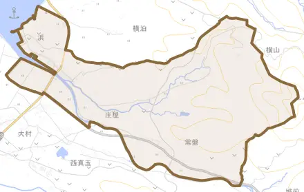 中真玉とその周辺の地図。町の範囲を重ねている