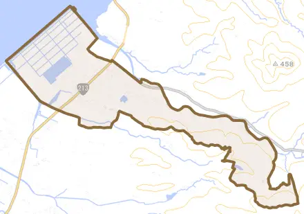 西真玉とその周辺の地図。町の範囲を重ねている