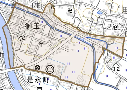 御玉とその周辺の地図。町の範囲を重ねている