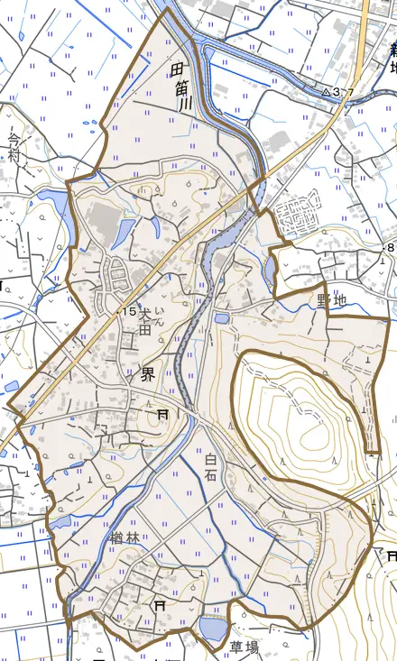 界とその周辺の地図。町の範囲を重ねている