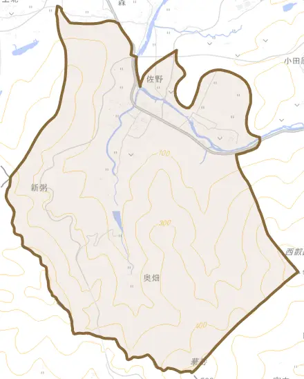 佐野とその周辺の地図。町の範囲を重ねている