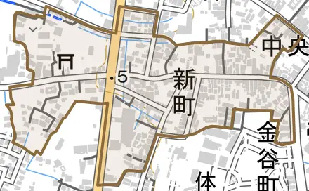 新町とその周辺の地図。町の範囲を重ねている