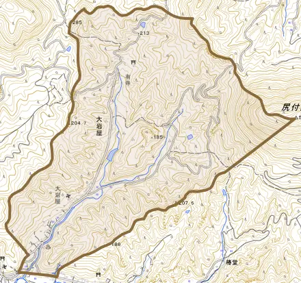 大岩屋とその周辺の地図。町の範囲を重ねている