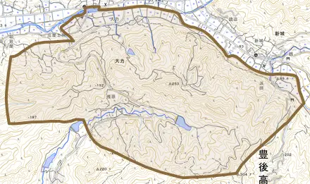 大力とその周辺の地図。町の範囲を重ねている