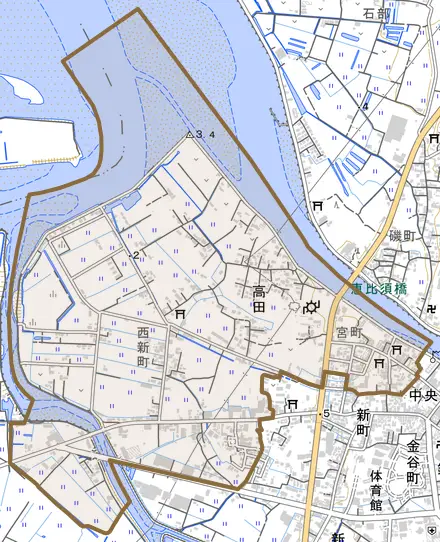 高田とその周辺の地図。町の範囲を重ねている