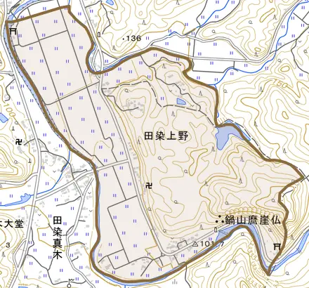 田染上野とその周辺の地図。町の範囲を重ねている