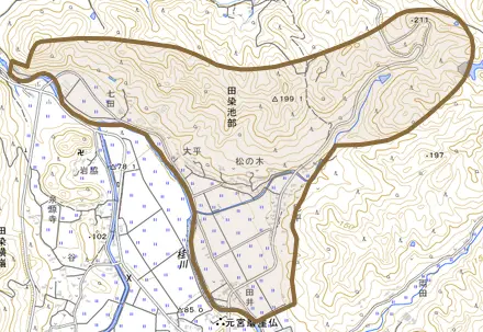 田染池部とその周辺の地図。町の範囲を重ねている