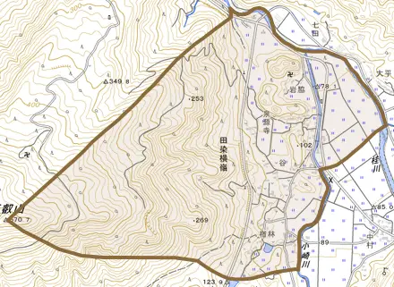 田染横嶺とその周辺の地図。町の範囲を重ねている