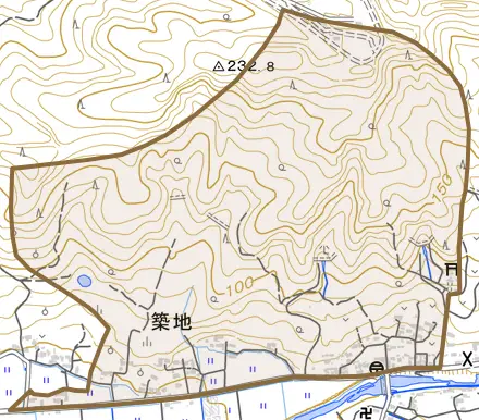 築地とその周辺の地図。町の範囲を重ねている