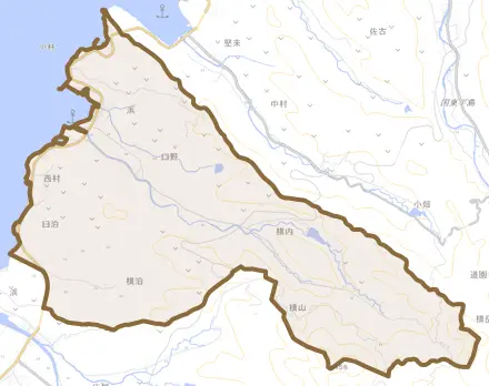 臼野とその周辺の地図。町の範囲を重ねている