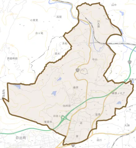 大字藤原とその周辺の地図。町の範囲を重ねている