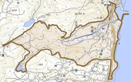 大字平道とその周辺の地図。町の範囲を重ねている