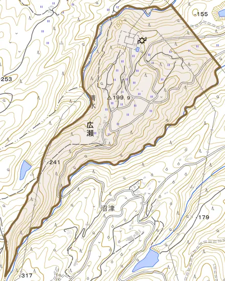 大字広瀬とその周辺の地図。町の範囲を重ねている