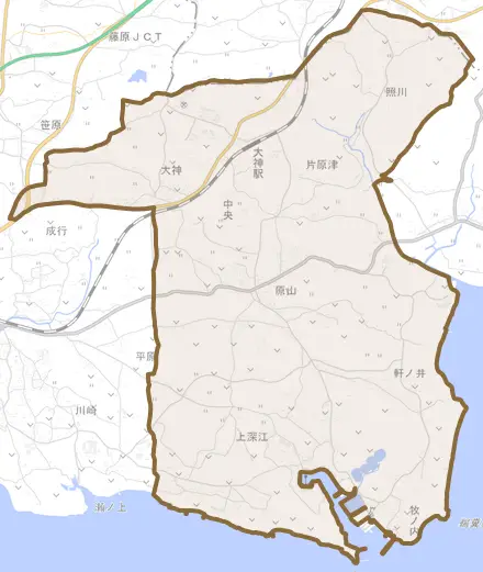 大字大神とその周辺の地図。町の範囲を重ねている
