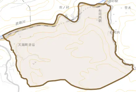 天瀬町赤岩とその周辺の地図。町の範囲を重ねている