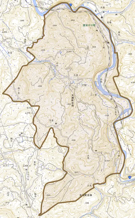 天瀬町合田とその周辺の地図。町の範囲を重ねている