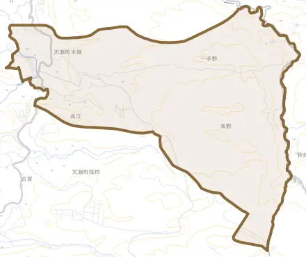 天瀬町本城とその周辺の地図。町の範囲を重ねている