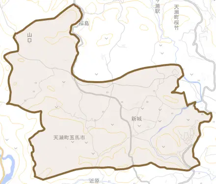 天瀬町五馬市とその周辺の地図。町の範囲を重ねている