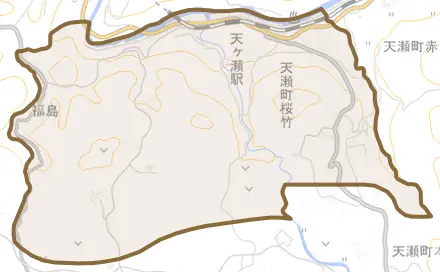 天瀬町桜竹とその周辺の地図。町の範囲を重ねている