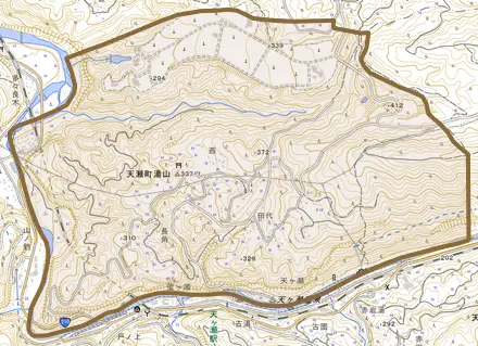 天瀬町湯山とその周辺の地図。町の範囲を重ねている