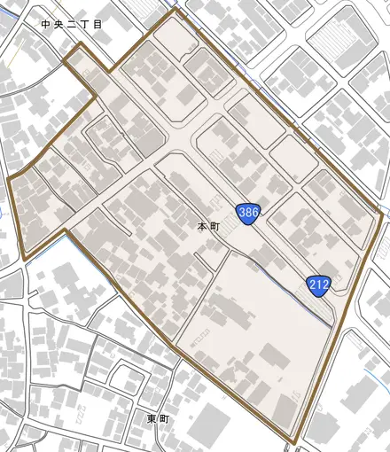 本町とその周辺の地図。町の範囲を重ねている