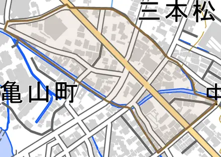 本庄町とその周辺の地図。町の範囲を重ねている