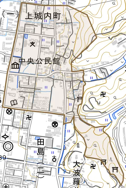 上城内町とその周辺の地図。町の範囲を重ねている