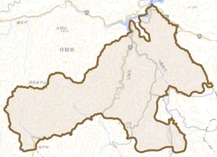 上津江町川原とその周辺の地図。町の範囲を重ねている