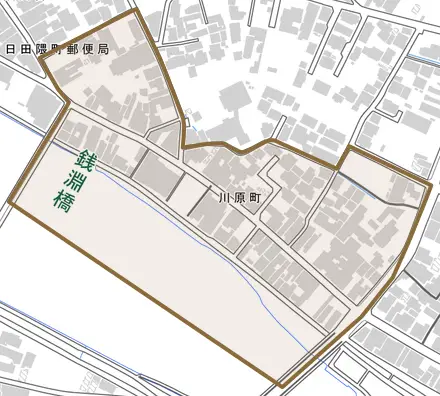 川原町とその周辺の地図。町の範囲を重ねている