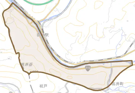 大字川下とその周辺の地図。町の範囲を重ねている