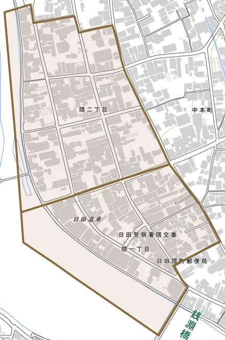 隈とその周辺の地図。町の範囲を重ねている