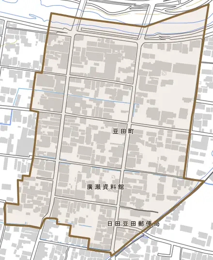 豆田町とその周辺の地図。町の範囲を重ねている