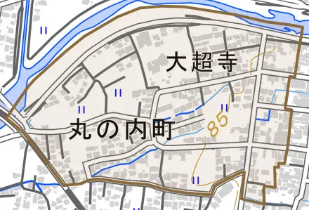 丸の内町とその周辺の地図。町の範囲を重ねている